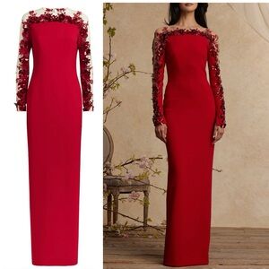 PAMELLA ROLAND Embellished Off-The-Shoulder Crepe Gown Long-sleeve Maxi Dress 6